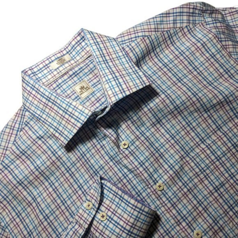 Peter Millar Shirt Mens Large Purple Blue White Plaid Long Sleeve Button Up - Picture 2 of 7